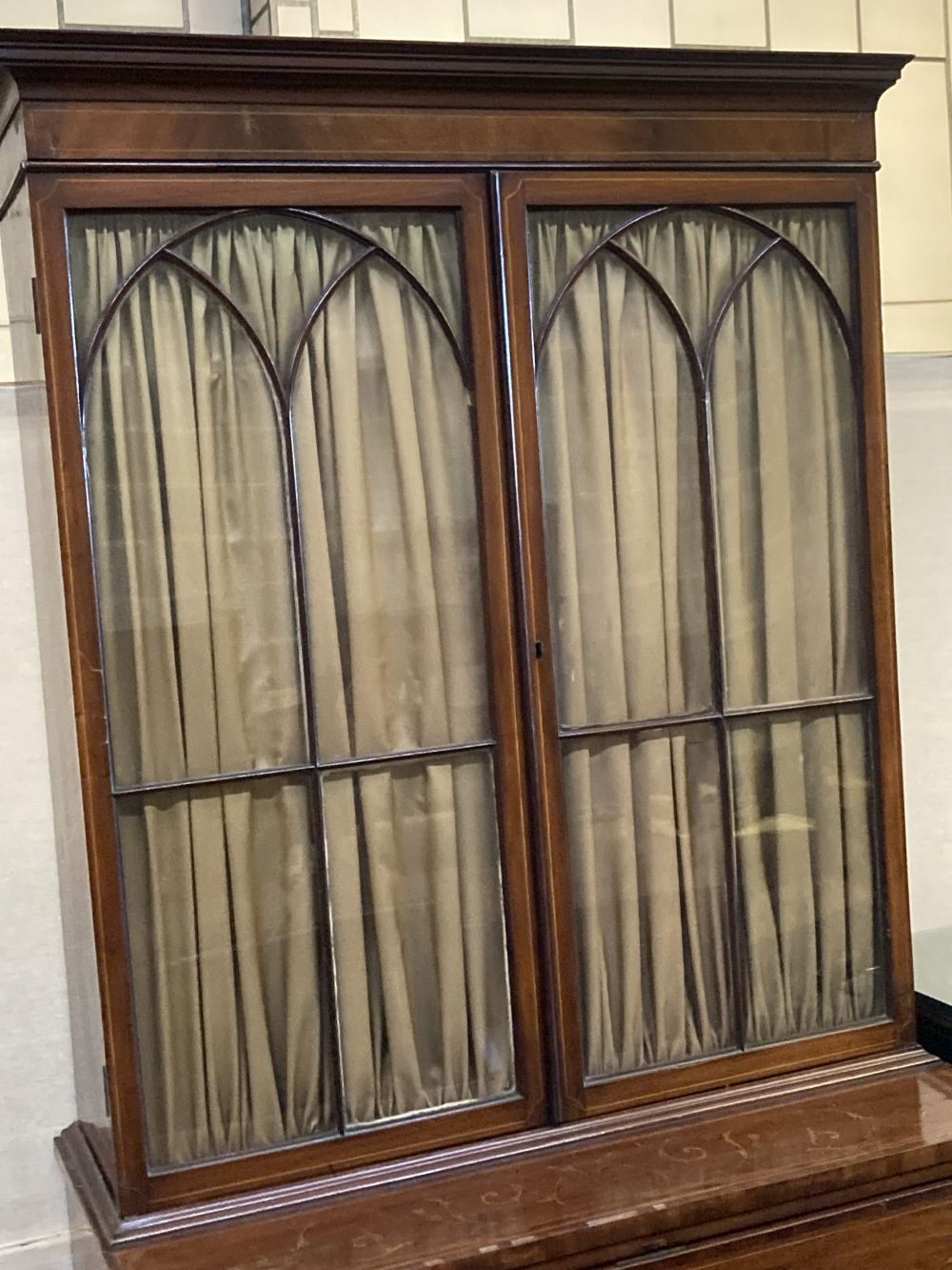 A George III mahogany secretaire bookcase, later inlaid, width 92cm, depth 48cm, height 210cm